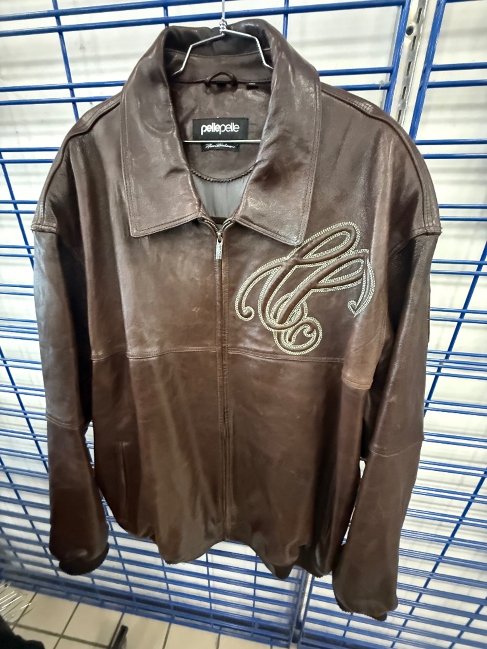 Pelle Pelle Brown Leather Zip Bomber Jacket with Embroidered Chest Logo